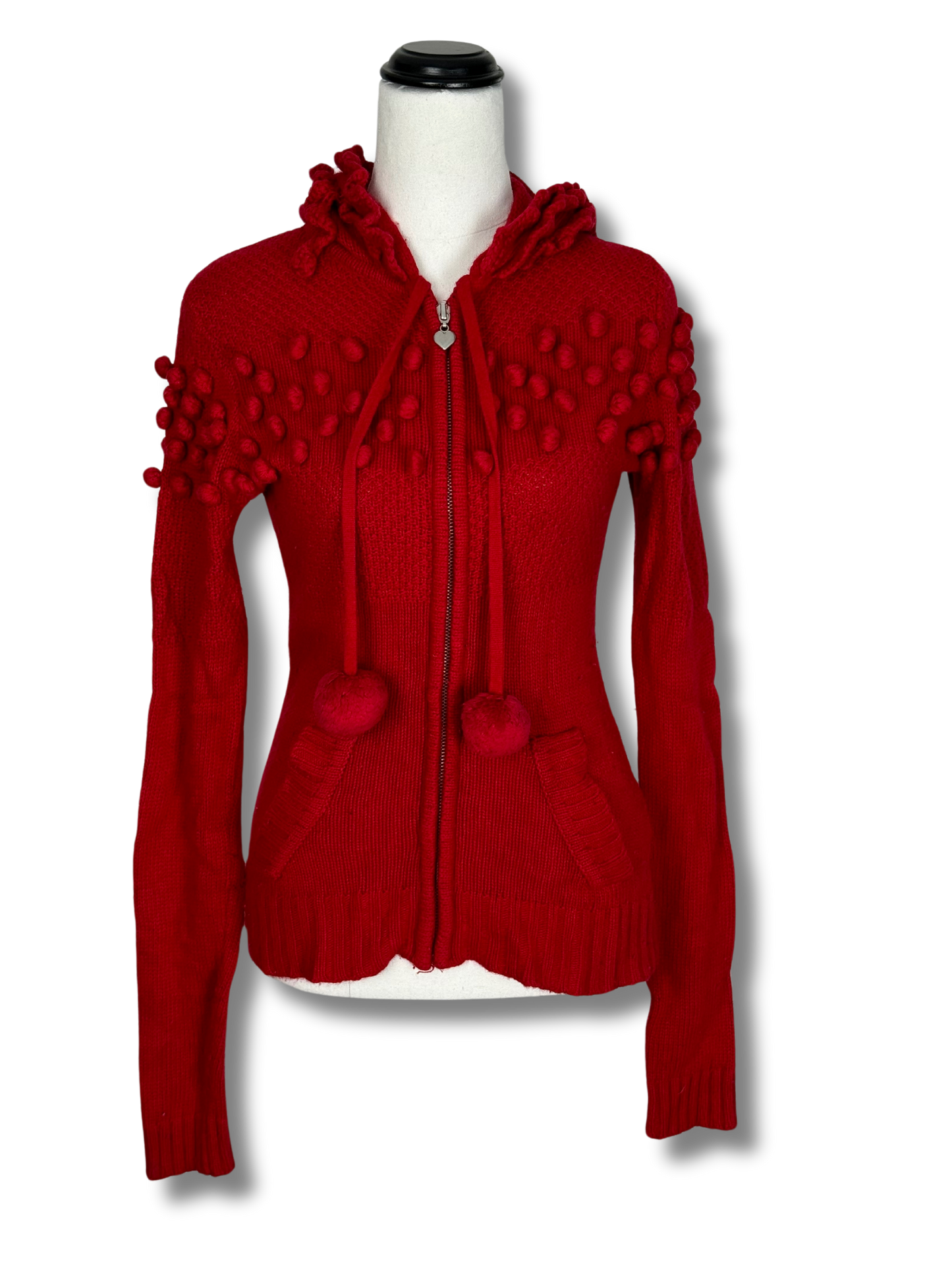Alannah Hill Red Cardigan with Hood and Pom Poms