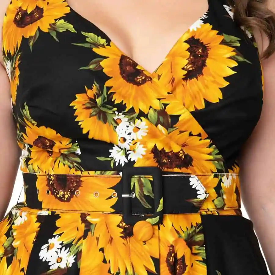 Unique Vintage Black Sunflower Print Tarrytown Dress