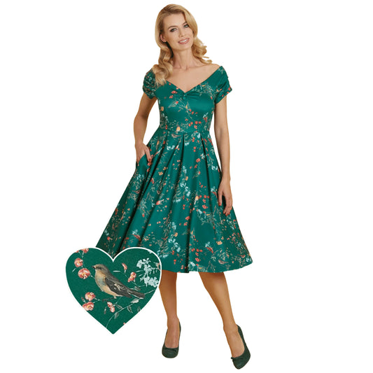 Lily Swing Dress in Green Bird Forest