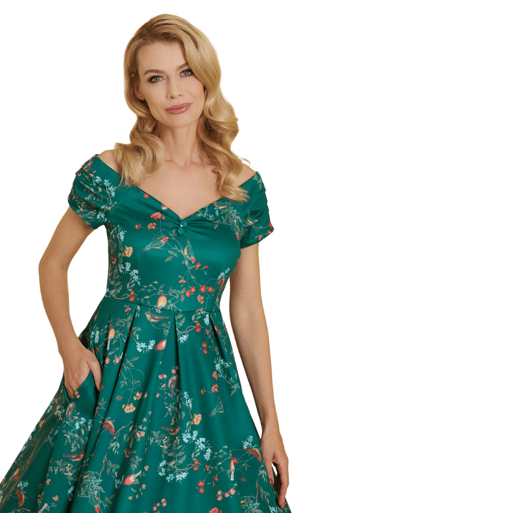 Dolly & Dotty Lily Swing Dress in Green Bird Forest