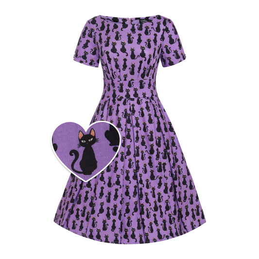 Dolly & Dotty Brenda Purple Cats Swing Dress - Shipping Late July 24