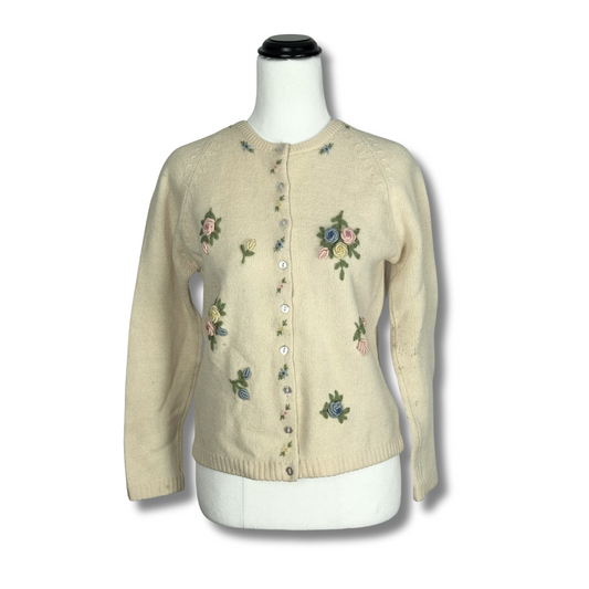 50s Hand Loomed Embroidered Flower Cardigan